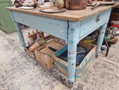 AN ANTIQUE BLUE PAINTED PINE KITCHEN TABLE.