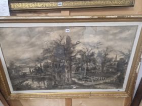 A LARGE CHARCOAL LANDSCAPE WITH A CHURCH.