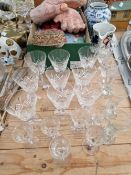 WINE GLASSES, TEXTILES, A GAUDY WELSH JUG, FANS, A BRASS KETTLE AND A CHINESE BLUE AND WHITE JAR