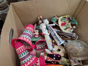 A BOX OF DECORATIVE STRAW WORK ORNAMENTS.