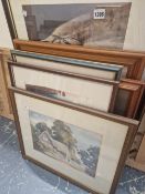 A WATERCOLOUR SIGNED EVERS AND VARIOUS DECORATIVE PRINTS.
