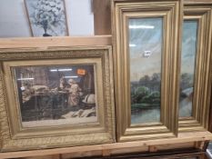A SET OF THREE OIL PAINTINGS AND A GILT FRAMED VICTORIAN PRINT.