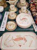 A SUSIE COOPER TEA SET TOGETHER WITH HAND DECORATED POOLE FISH PLATES.
