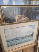 TANKER WARF, PORT HOWARD, WATERCOLOUR BY ALAN COLLINS TOGETHR WITH TWO FURNISHING PRINTS.
