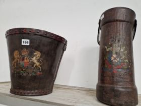 A LEATHER FIRE BUCKET TOGETHER WITH A SHOT CARRIER