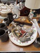A MEAT PLATTER, A FIGURINE MOUNTED AS A LAMP, PEWTER TANKARDS ETC.