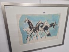 AN ABSTRACT PRINT OF FOUR HORSES.