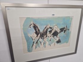 AN ABSTRACT PRINT OF FOUR HORSES.