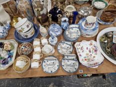 A QUANTITY OF SUSIE COOPER AND OTHER TEA AND DINNER WARES, VASES, A LAMP , BLUE AND WHITE KETTLE