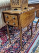 A 19th C. EBONY LINE INLAID MAHOGANY DROP FLAP TABLE WITH A DOUBLE FRONTED SINGLE DRAWER TO ONE