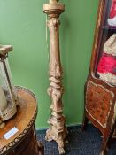 A PAIR OF GILT WOOD PRICKET CANDLE STICK STANDARD LAMPS, EACH OF TRIANGULAR SECTION AND ON THREE
