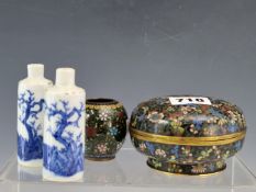 A CHINESE CLOISONNE MILLEFIORE SEAL INK BOX. Dia. 10cms. A SMALL CLOISONNE JAR AND TWO CHINESE