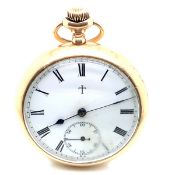 A VINTAGE GOLD POCKET WATCH WITH OPEN FACED ENAMEL DIAL BEARING CRUCIFORM MAKERS MARK. SUBSIDIARY