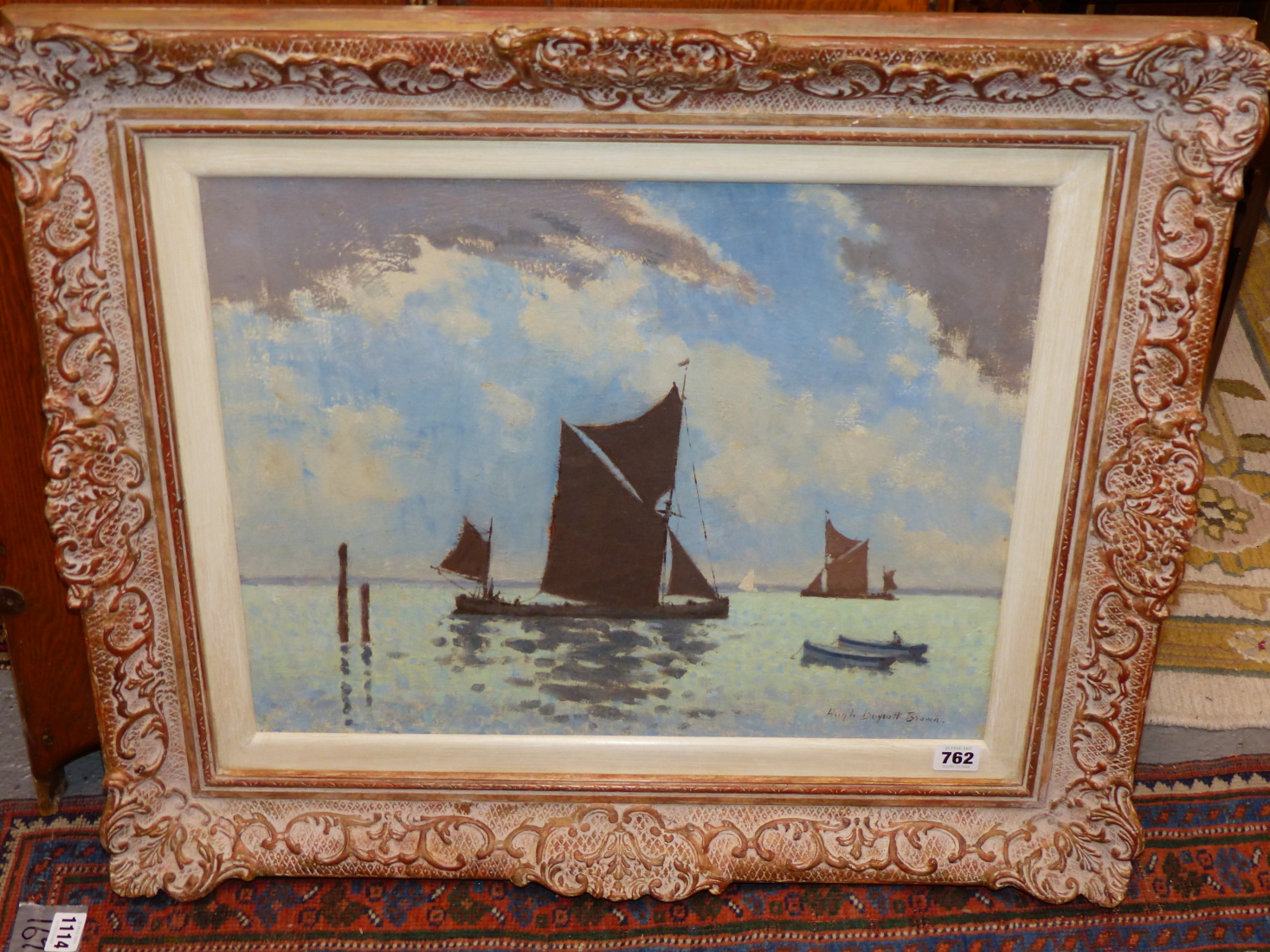 HUGH BOYCOTT BROWN (1909-90), ARR. SAILING SUFFOLK, OIL ON HARDBOARD, SIGNED LOWER RIGHT. 39.5 49. - Image 3 of 6