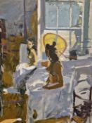 KEN HOWARD (1932-2022), ARR. JOSIE SEATED ON HER BED AND REFLECTED IN A MIRROR, OIL ON CANVAS,