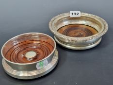 TWO HALLMARKED SILVER WINE COASTERS WITH WOODEN INSETS