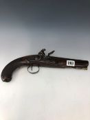 A RICHARDS FLINTLOCK PISTOL WITH A SAFE LEVER BEHIND THE COCK AND A WOODEN RAMROD BELOW THE