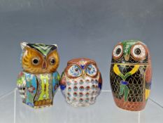THREE CLOISONNE OWL FIGURES, ONE WITH HINGED COVER.