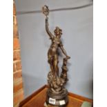 TWO FRENCH SPELTER FIGURES, THE MAN MODELLED AS PECHEUR AND THE TALLER LADY AS INDUSTRIE. H 46cms.