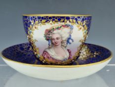 A SEVRES JEWELLED CUP AND SAUCER, THE FORMER PAINTED WITH A PORTRAIT OF A LADY, THE LATTER WITH