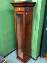 AN EARLY 20th C. MAHOGANY GUN CABINET, THE GLAZED DOOR ENCLOSING A RUST PINK VELVET INTERIOR. W 42 x