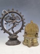 AN INDIAN BRONZE FIGURE OF NATARAJA. H 20cms. TOGETHER WITH AN INDIAN BRONZE OIL LAMP BACKED BY A
