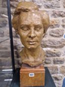 A GOLD PAINTED PLASTER BUST OF A LADY. H 51cms.