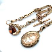 A VINTAGE OLD GOLD WATCH ALBERT COMPLETE WITH T-BAR, 9ct HALLMARKED SPINNING FOB PENDANT, AND A