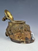 A 19th C. ORMOLU MOUNTED HORSE HOOF INKWELL, THE GADROONED LID WITH PINEAPPLE FINIAL