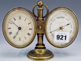 AN EARLY 20th C. BRASS CASED CLOCK AND ANEROID BAROMETER, EACH WITH AN OVAL FACE, THE TIMEPIECE WITH