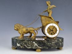 AN EARLY 20th C. ORMOLU CHARIOT CLOCK, THE BACK PLATE INSCRIBED H P & CO BESIDE THE PLATFORM