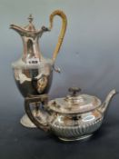 A SILVER BALUSTER HOT WATER JUG BY C J VANDER, LONDON 1974, THE CANE BOUND HANDLE TO ONE SIDE OF THE