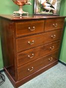 AN EDWARDIAN SATIN WOOD BANDED MAHOGANY CHEST OF TWO SHORT AND THREE LONG DRAWERS ON A PLINTH