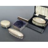 A CASED HALLMARKED SILVER BACKED GENTS HAIR BRUSH AND COMB TOGETHER WITH THREE HALLMARKED SILVER