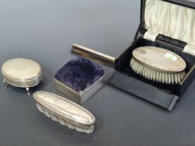 A CASED HALLMARKED SILVER BACKED GENTS HAIR BRUSH AND COMB TOGETHER WITH THREE HALLMARKED SILVER