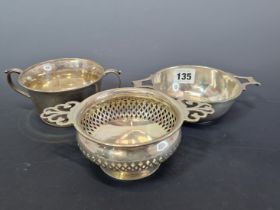 THREE HALLMARKED SILVER TWO HANDLED BOWLS TO INCLUDE ONE WITH PIERCED SIDES, 364Gms.