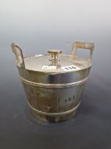 A SILVER CAVIAR BUCKET, COVER AND GLASS LINER BY GARRARD, LONDON 1968, MODELLED WITH COOPERING AND