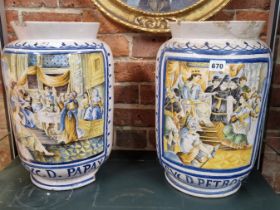 A PAIR OF 19th C. MAIOLICA ALBARELLI, EACH PAINTED WITH COURT SCENES ABOVE SUC D PETROSIN AND SUC
