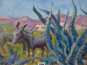 LADY PATRICIA RAMSAY (1886-1974), ARR, DONKEYS IN AN ANDALUSIAN SCENE, OIL ON PANEL, INITIALLED