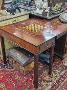 A GEORGE III MAHOGANY TRIPLE TOP GAMES AND TEA TABLE OPENING ON A SINGLE GATE THE LEGS CHANNELED.