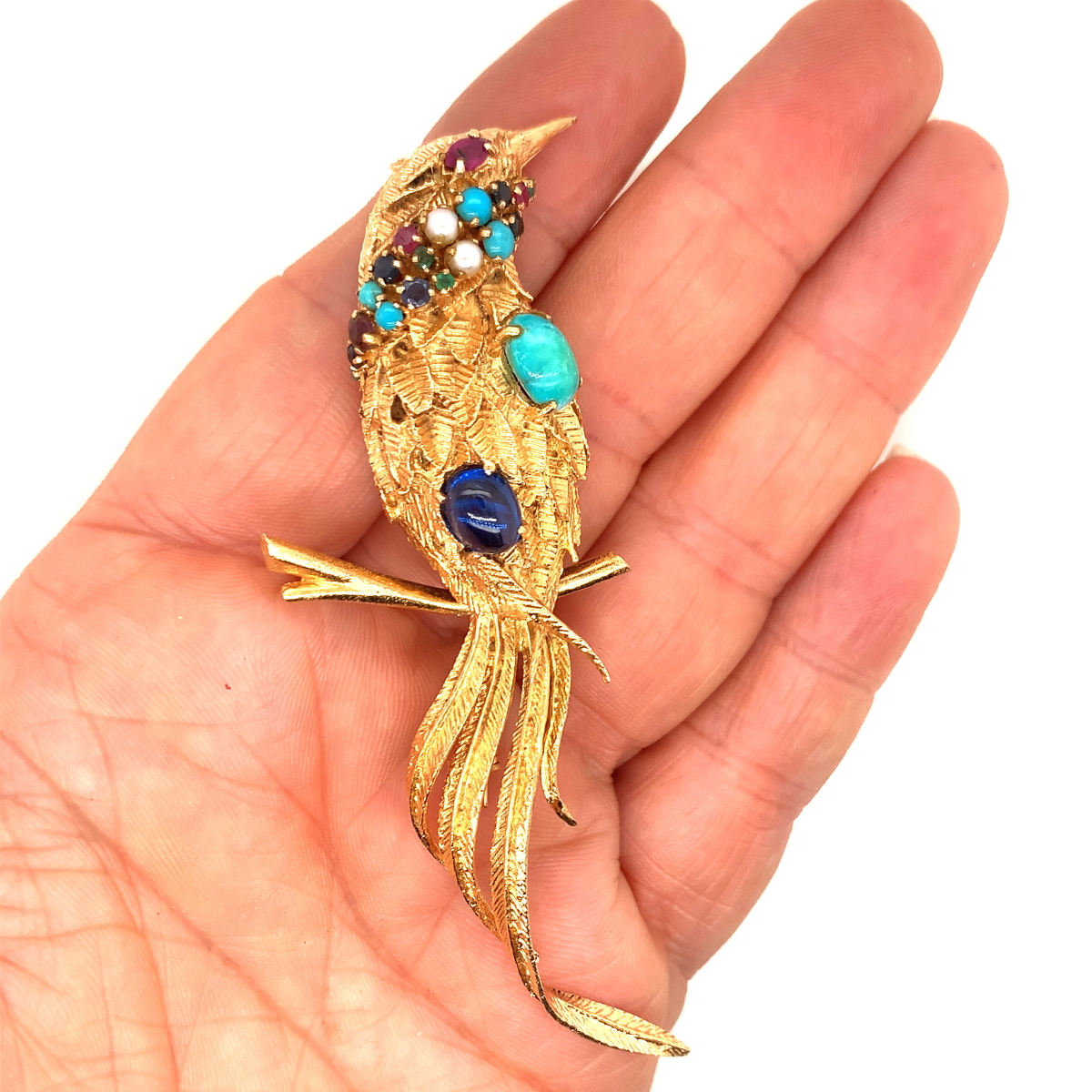 A LARGE GEM SET BIRD PERCHED ON STYLISED BRANCH. THE BIRD SET WITH A VARIETY OF GEMSTONES TO INCLUDE - Image 7 of 8