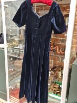 A LAURA ASHLEY ROYAL BLUE VELVET EVENING DRESS, SIZE 12