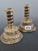 A PAIR OF LATE STUART STYLE SILVER CANDLESTICKS BY GEORGE FOX, LONDON 1877, THE SPIRAL COLUMNS ABOVE