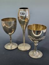 THREE HALLMARKED SILVER WINE GOBLETS WITH THAT OF TULIP SHAPE WEIGHTED, 453Gms.