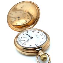 AN ANTIQUE 9ct HALLMARKED GOLD OPEN FACE POCKET WATCH BY RECORD. WHITE ENAMEL DIAL WITH SUBSIDIARY
