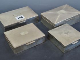 FOUR ENGINE TURNED HALLMARKED SILVER CIGARETTE BOXES, EACH WITH WOODEN LININGS/