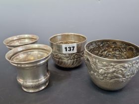 A PAIR AND TWO OTHER HALLMARKED SILVER BOWLS, 323Gms.