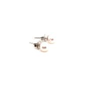 A PAIR OF 18ct WHITE GOLD TIFFANY AND CO PEARL STUD EARRINGS . EACH STEM STAMPED T & CO, AU 750, AND