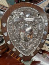 AN ELECTROPLATE MOUNTED OAK MUSKETRY TROPHY SHIELD PRESENTED TO THE EAST YORKSHIRE REGIMENT AND