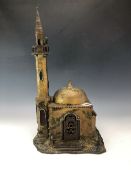 AN EARLY 20th C. AUSTRIAN COLD PAINTED BRONZE MOSQUE AND MINARET LAMP. H 40cms.